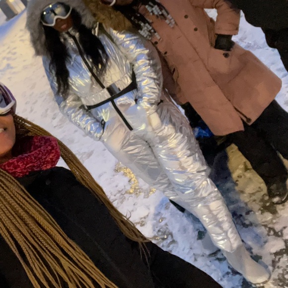 - -❄️ Women  SILVER Winter Onesies Ski Suit Fur Collar Ski Jumpsuit Snowsuit NEW - Picture 5 of 17